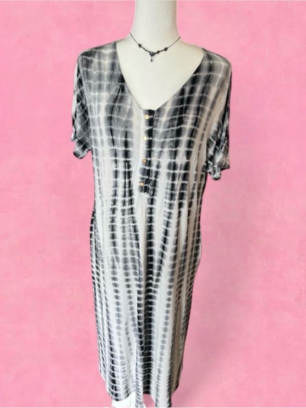 Tie-Dye Black & White Maxi Dress with Front Buttons